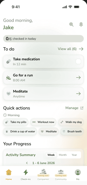 The q.buzz app home screen, showing today’s check-in